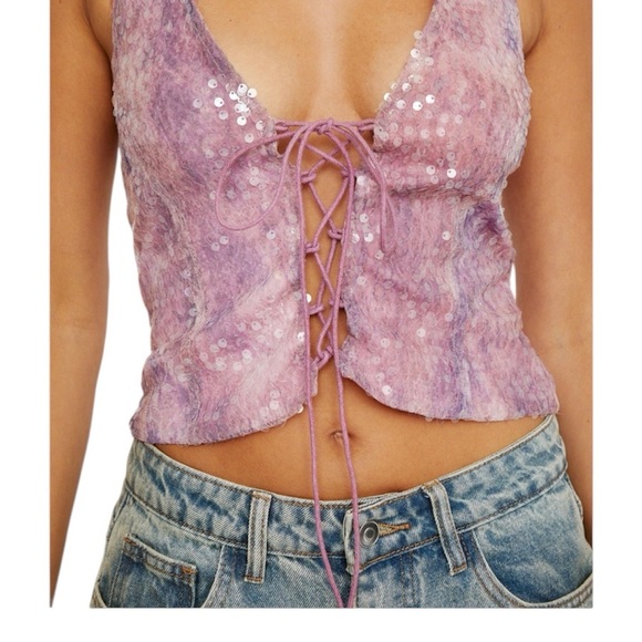 Nasty Gal Pink Sequin Lace-Up Tank Top - Picture 1 of 9